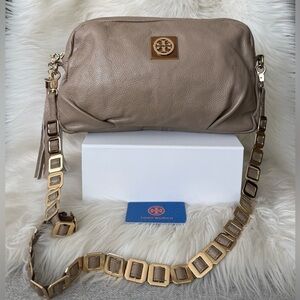 Authentic Tory Burch Beige Leather Crossbody Bag with Gold Accents